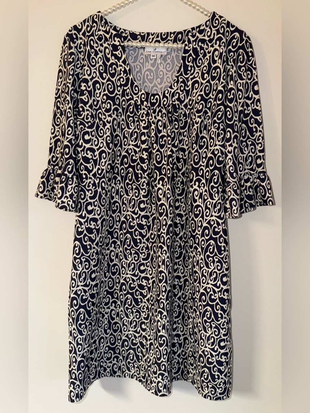Jude Connally Shift Dress Size M Navy Blue Cream Ruffle Sleeve
